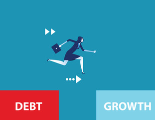 Overcome liabilities. Businesswoman running and escape debt zone. Concept business vector illustration.