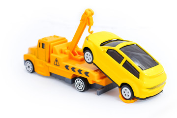 Toy trucks for kids towing vehicle yellow isolate on white background 