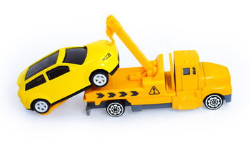 Toy trucks for kids towing vehicle yellow isolate on white background 