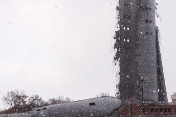 Demolition of abandoned television tower in Ekaterinburg in 24th of March 2018. remains of the destroyed tower