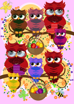 A family of colorful, bright, lovely cartoon owls on the branches of flowering trees. Moms, dads, children. Card