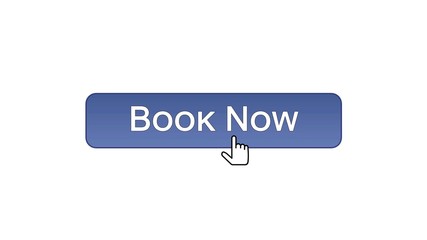 Book now web interface button clicked mouse cursor, violet color, reservation