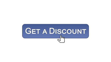 Get a discount web interface button clicked with mouse cursor, violet color