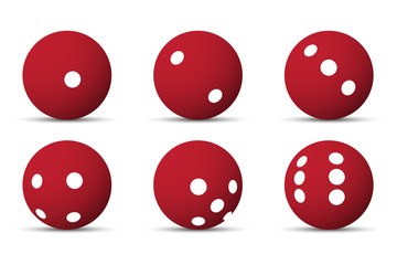 Set of 6 red sphere dices with white dots