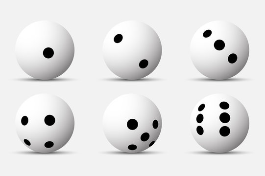 Set of 6 white sphere dices with black dots