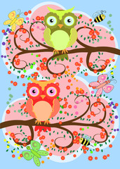 Bright, cartoonish, flirtatious, loving owls on the flowering branches of a tree. Spring, summer, girlfriends