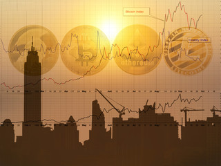 crypto currency coins such as bitcoin ethereum litecoins titan with index trend graph of crypto currency overlay with silhouette of cityscape with sun rising or sun setting in concept of rise or fall