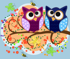Bright, cartoonish, flirtatious, loving owls on the flowering branches of a tree. Spring, summer, girlfriends