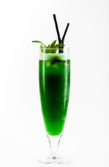  mint cocktail, mahito, with straws and umbrella on white background