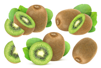 Fototapeta premium Isolated kiwi fruit. Collection of whole and cut kiwi isolated on white background.