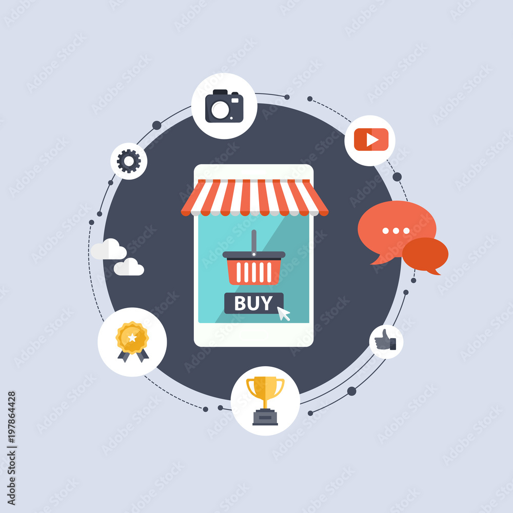 Wall mural pay per click concept. mobile application for on line shopping concept. flat vector illustration