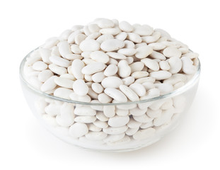 White beans in glass bowl isolated on white background with clipping path