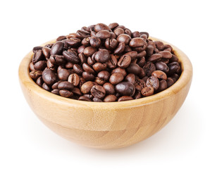 Roasted coffee beans in wooden bowl isolated on white background with clipping path