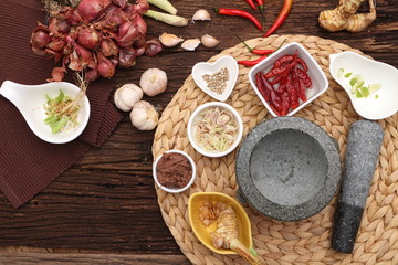 Herb ingredient of Tom Yum spicy soup Traditional Thai food cuisine on wood background