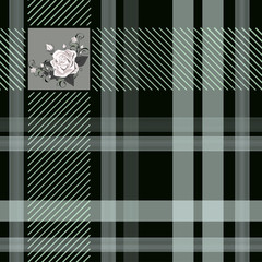 Classic check plaid seamless pixel fabric texture with rose. Vector illustration.