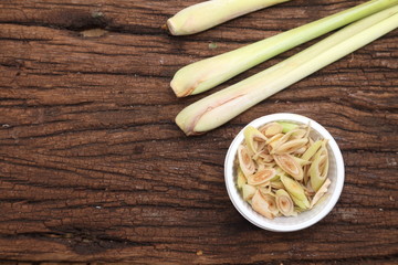 Herb ingredient of Tom Yum spicy soup Traditional Thai food cuisine on wood background