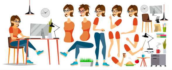 Business Woman Character Vector. Working Female Girl. Clerk Working At Office Desk. Animation Set. Attractive Lady. Emotions. Cartoon Illustration