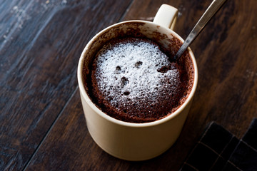 Microwave Brownie Chocolate Mug Cake with Powder Sugar on Dark Wooden Surface.