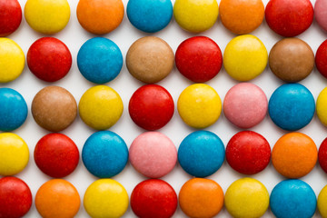 Close up of a pile of colorful chocolate coated candy, chocolate pattern, chocolate background