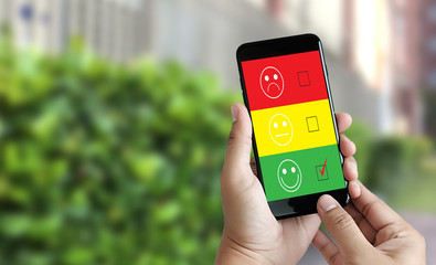 business man and woman select happy on satisfaction evaluation? And good mood smiley and evaluate