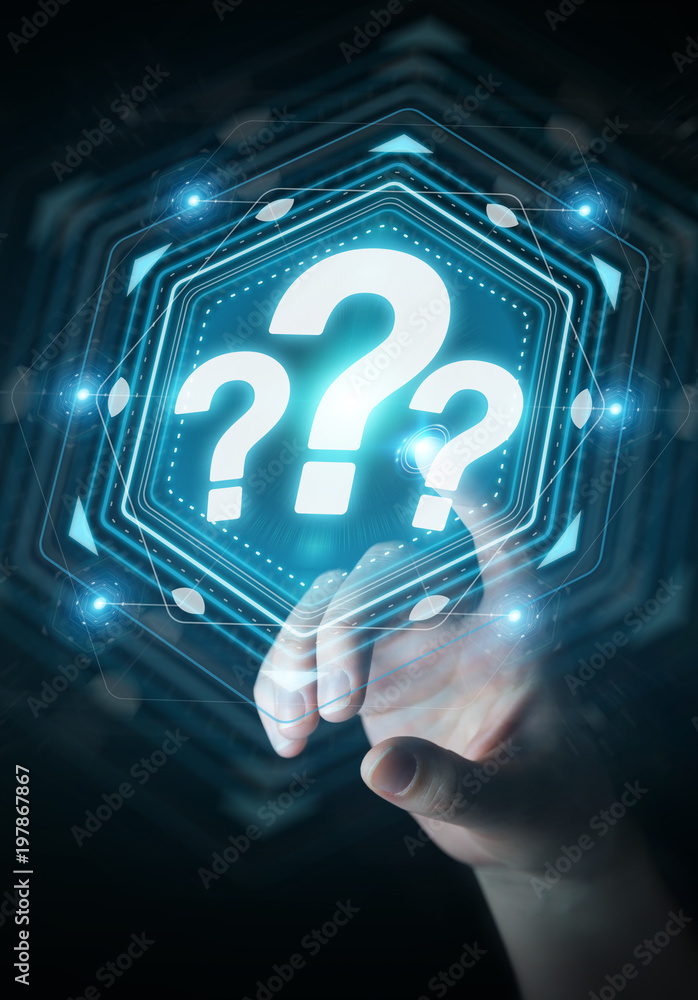 Poster businesswoman using question marks digital interface 3d rendering