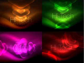 Set of abstract backgrounds. Blurred arrows in dark space. Neon pointers, glass glossy design, abstract techno background, web banner