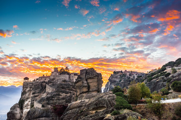 Sunset over Varlaam monastery in Meteora, Greece
