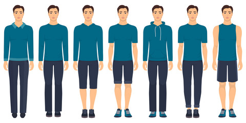 Fototapeta premium Young man standing in full growth in different clothes, formal, business, everyday, sports. Man in elegant and casual clothes. Basic wardrobe in two colors. Vector illustration, isolated.