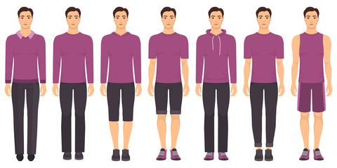 Fototapeta na wymiar Young man standing in full growth in different clothes, formal, business, everyday, sports. Man in elegant and casual clothes. Basic wardrobe in two colors. Vector illustration, isolated.