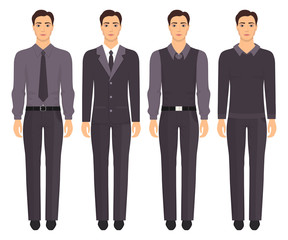 Young man standing in full growth in different formal clothes. Man in elegant and casual clothes. Basic wardrobe. Vector illustration, isolated.