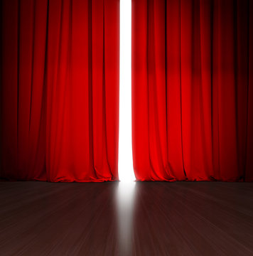theater red curtain slightly open with bright light behind and wood stage or scene