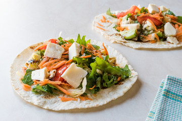 Homemade Vegetarian Tostadas with Salad, Cheese and Grated Carrot Slices