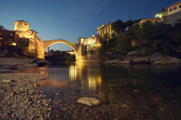 Sunset over the Old Bridge in Mostar, Bosnia and Herzegovina