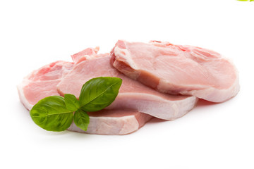 Fresh raw beef steak isolated on white background, top view.