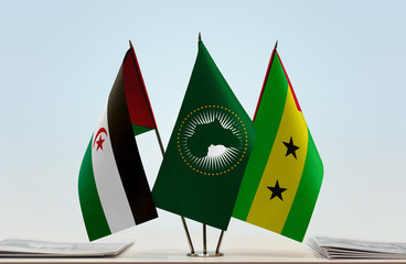 Flags of Sahrawi Arab Democratic Republic African Union and Sao Tome and Principe