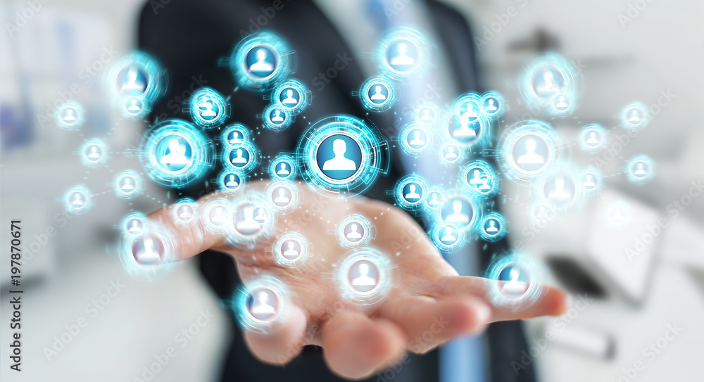 Poster Businessman using social network interface 3D rendering