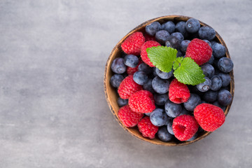 Juicy and fresh blueberries with green mint on rustic gray table.