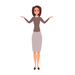 Cartoon business white woman character. Smiling girl presenting something with two hands. Young  business woman wearing with suit.Vector illustration isolated from white