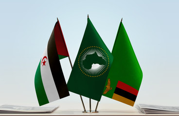 Flags of Sahrawi Arab Democratic Republic African Union and Zambia