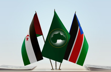 Flags of Sahrawi Arab Democratic Republic African Union and South Sudan