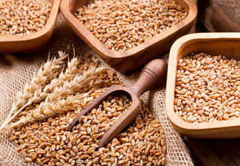 grains and wheat ears on a wooden table
