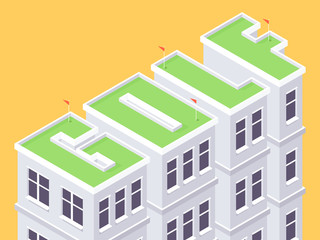 Golf course on the roof of the building. Isometric projection. Vector illustration