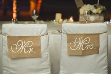 "Mr. & Mrs." Wedding Bride and Groom Signs at Reception