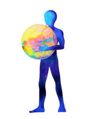 human standing holding colorful world in universe watercolor painting illustration design hand drawing