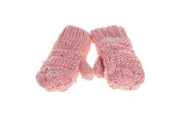 Pink knitted mittens.