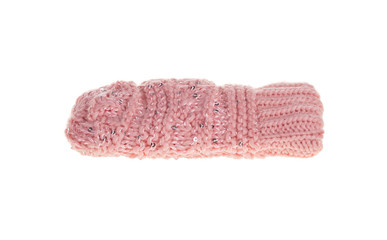 Pink knitted mittens.