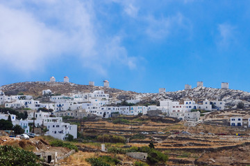 Amorgos, Greece-August 2,2017.A panoramic view of the Chora of Amorgos, with the windmills on the right