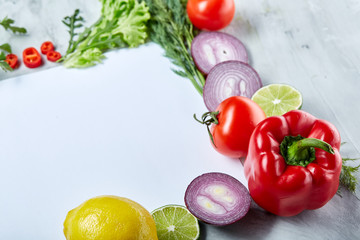 Frame made of fruits and vegetables on white background, copy space, selective focus, flat lay, close-up