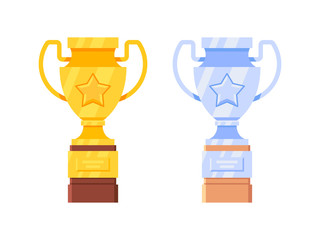Flat design of gold and silver trophy cup isolated on white. Vector illustration