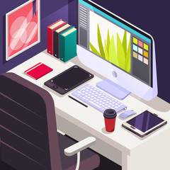 Workplace office work Objects on table Isometric concept of workspace with computer and office equipment